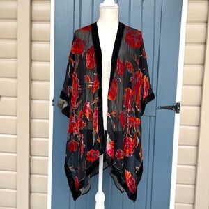 Lovestitch Black Red Velvet Sheer Burnout Kimono
Open Front Boho Bohemian Hippie